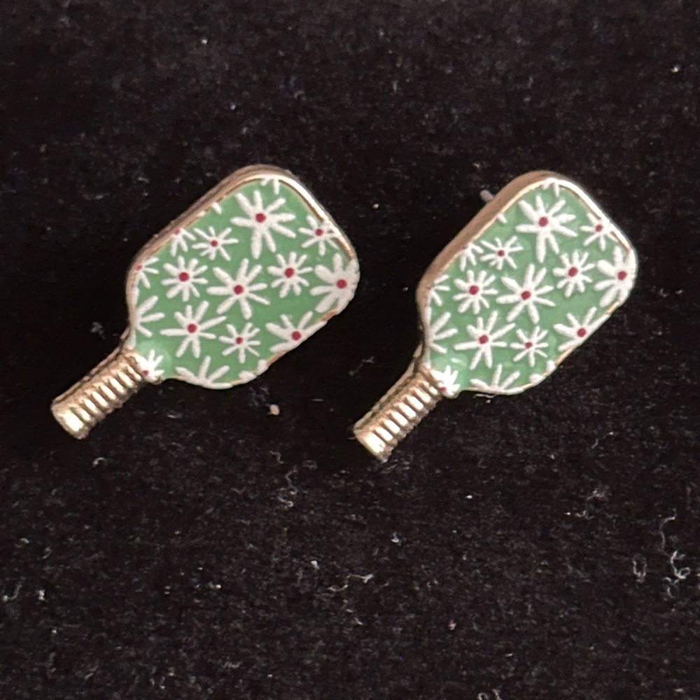 Dainty Green Floral Pickelball paddles  Stud Earrings